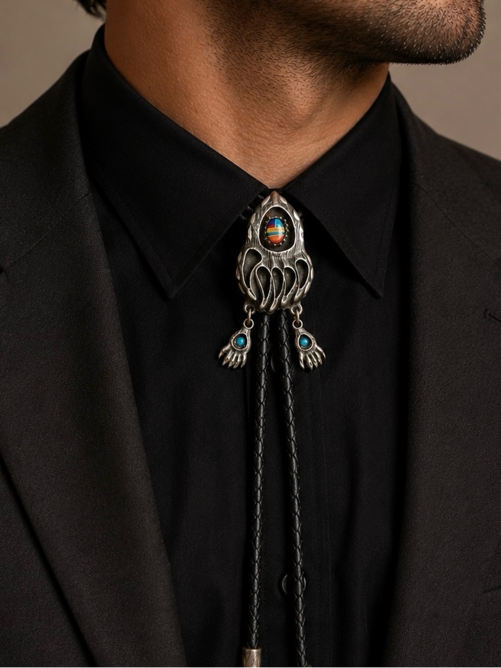 VTG Navajo Sterling Silver Bear Claw Turquoise Leather Bolo Tie By Roger
Skeet